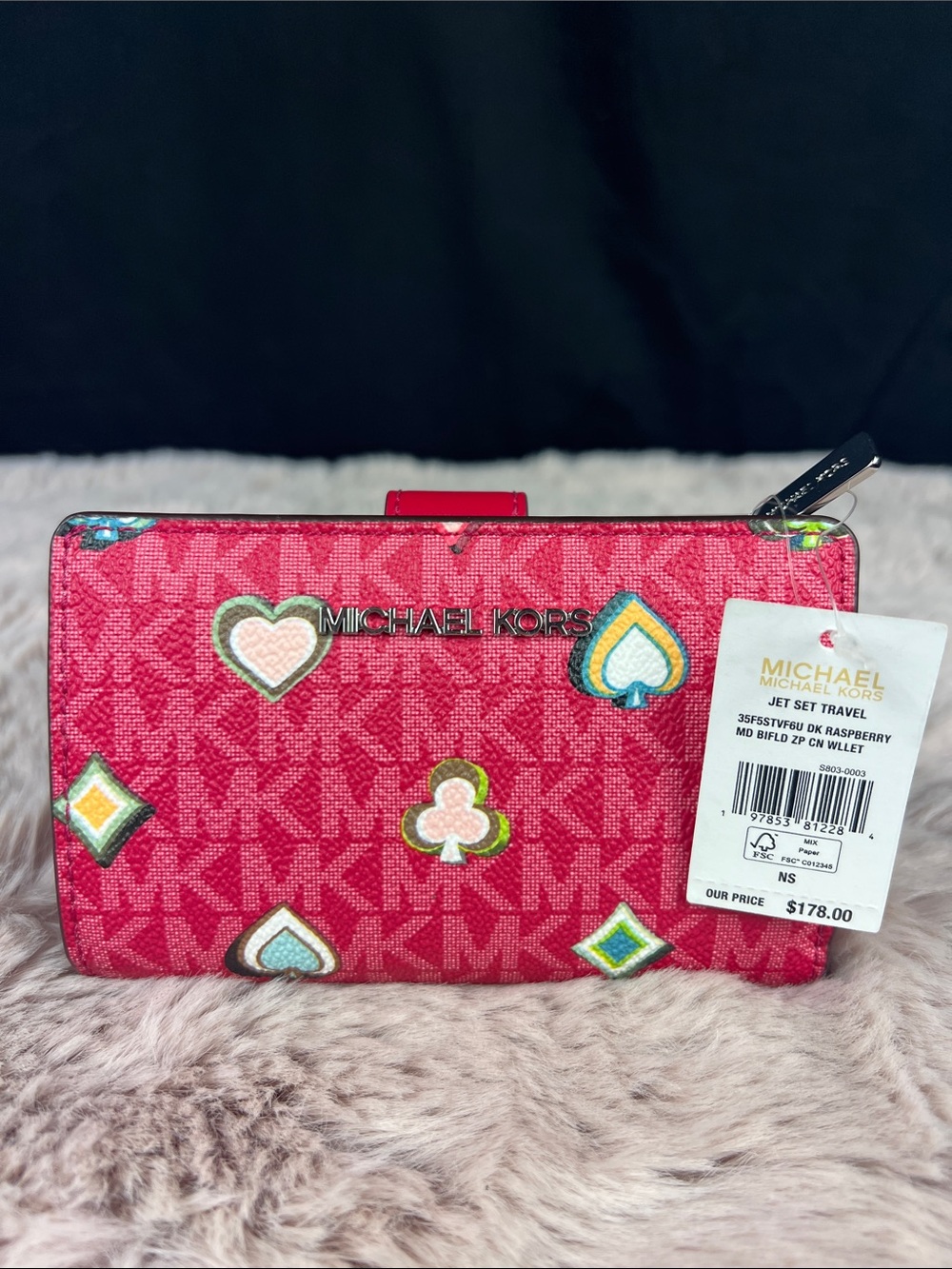 Michael Kors Jet Set Travel Dark Raspberry Novelty Print Bifold Zip Wallet New